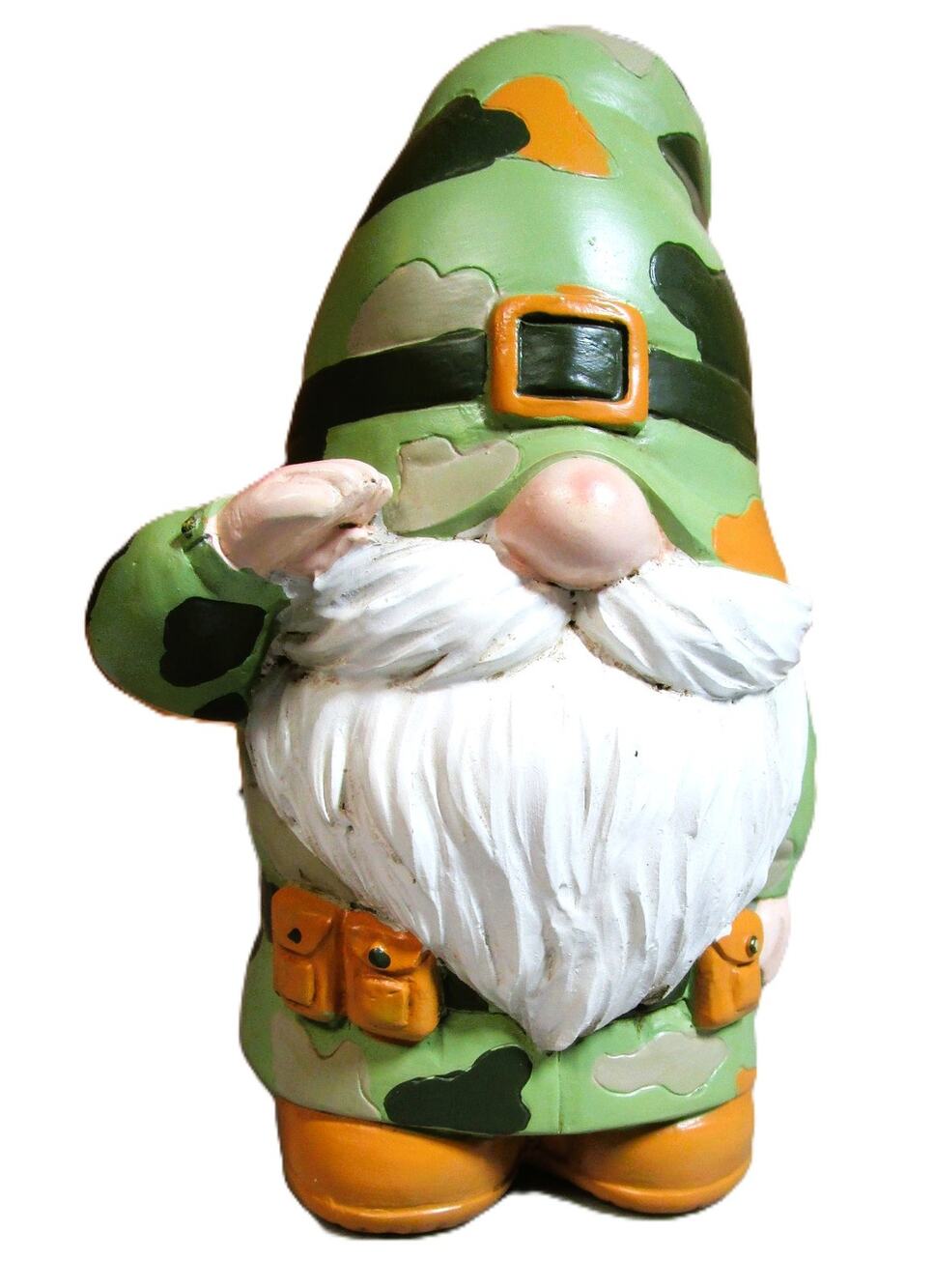Pointnio Army Soldier Gnome Ceramic Camouflage Figurine Saluting 6.8 inches
